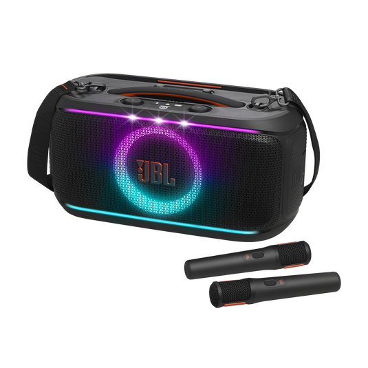 JBL PartyBox On-the-Go 2 - Black - Portable party speaker with two wireless digital mics, handle and a shoulder strap - Hero image number null
